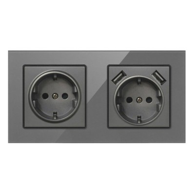 Priza Dubla De Perete Cu 2 Porturi USB Si Panou Din Sticla Techstar&amp;reg; TS-G, 110-250V, 16A, Ignifuga, 80x151mm, Gri foto
