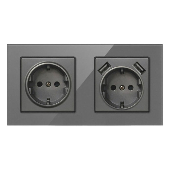 Priza Dubla De Perete Cu 2 Porturi USB Si Panou Din Sticla Techstar&reg; TS-G, 110-250V, 16A, Ignifuga, 80x151mm, Gri