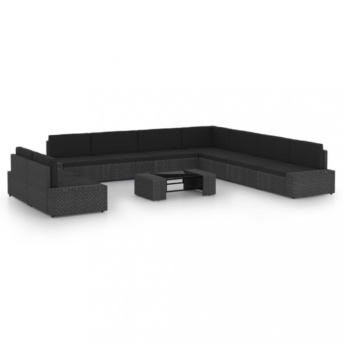 Set mobilier de gradina cu perne, 10 piese, negru, poliratan