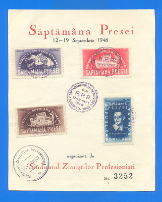 ROMANIA 1948. LP 242 Saptamina presei democrate. Serie pe carton filatelic foto