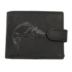 Portofel Barbati Piele naturala personalizat cu Crap, 9,5x12x2 cm, Negru, Protectie RFID, Hunter