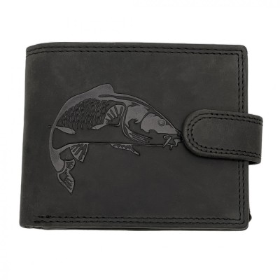 Portofel Barbati Piele naturala personalizat cu Crap, 9,5x12x2 cm, Negru, Protectie RFID, Hunter foto