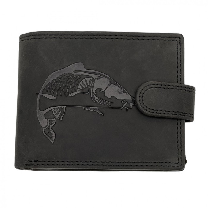 Portofel Barbati Piele naturala personalizat cu Crap, 9,5x12x2 cm, Negru, Protectie RFID, Hunter