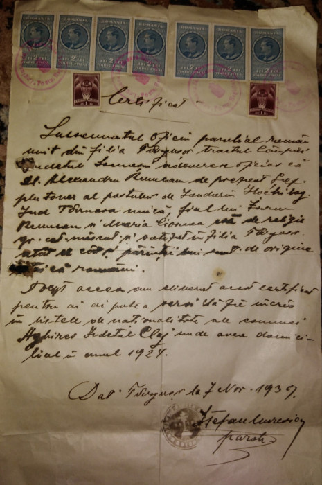 Certificat origine etnica eliberat de preot paroh 1939