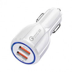 Incarcator auto Qualcomm 3.0 Fast Charge, 2x USB, 5V 3.1A - 6A, Incarcare rapida, LED Blue, 5 tipuri de protectii, alb