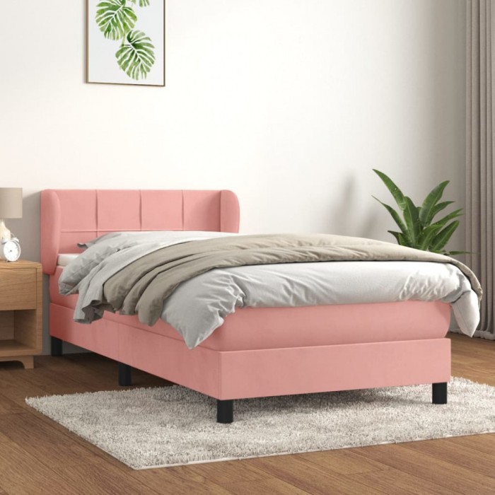 vidaXL Pat box spring cu saltea, roz, 90x190 cm, catifea 3127468