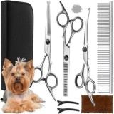 Cumpara ieftin Set foarfece tuns caini profesional 3 piese, inox, varf rotunjit siguranta, pieptene si accesorii, pentru grooming complet