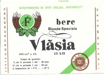 NI496 Etichetă bere blondă specială Vlăsia, &amp;Icirc;ntreprinderea de Spirt Drojdie București foto