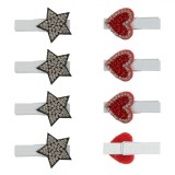 Clestisori Decorativi Craciun, Model Inimi și Stele, Lemn și Pasla, Strass Rosu și Argintiu, Set 8 Bucati, Oem