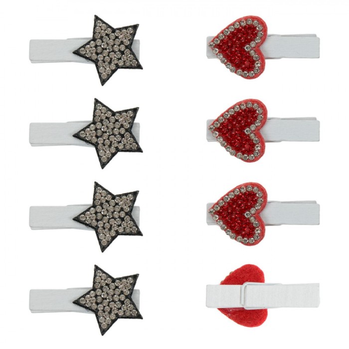 Clestisori Decorativi Craciun, Model Inimi și Stele, Lemn și Pasla, Strass Rosu și Argintiu, Set 8 Bucati