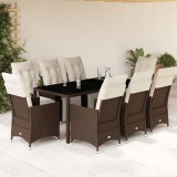 Set bistro de grădină cu perne, 9 piese, maro, poliratan