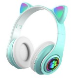 Casti audio wireless RGB pisica, radio FM incorporat, microSD, intrare USB, bluetooth 5.0, 50Hz-20kHz, 108dB, 16?, albastru