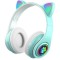 Casti audio wireless RGB pisica, radio FM incorporat, microSD, intrare USB, bluetooth 5.0, 50Hz-20kHz, 108dB, 16?, albastru