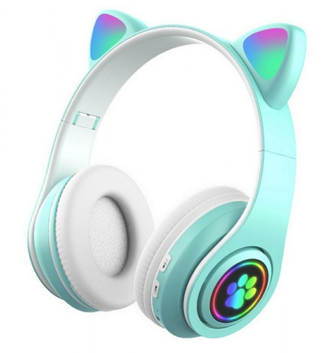 Casti audio wireless RGB pisica, radio FM incorporat, microSD, intrare USB, bluetooth 5.0, 50Hz-20kHz, 108dB, 16?, albastru