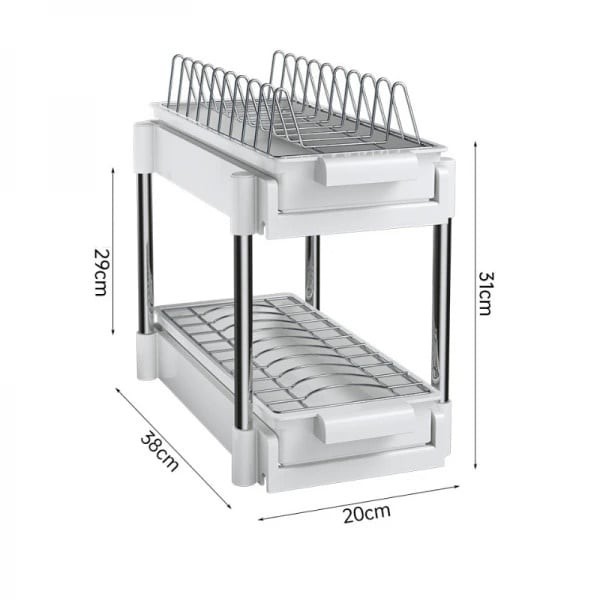 Scurgator vase, cu 2 nivele, sistem de glisare si scurgere a apei, dimensiuni 38 x 20 x 31 cm, din metal si plastic, alb