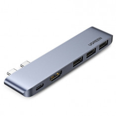 Ugreen HUB multifuncțional 2x USB tip C - USB tip C PD (Thunderbolt 3, 100W, 4K@60 Hz, 10 Gbps) / HDMI 4K@30 Hz / 3x USB 3.0 MacBook Pro / Air - Gri (