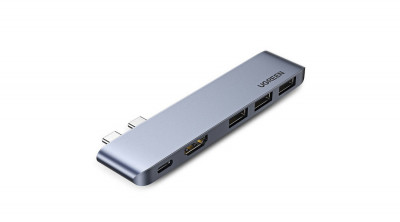 Ugreen HUB multifuncțional 2x USB tip C - USB tip C PD (Thunderbolt 3, 100W, 4K@60 Hz, 10 Gbps) / HDMI 4K@30 Hz / 3x USB 3.0 MacBook Pro / Air - Gri ( foto