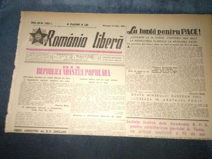 ZIARUL ROMANIA LIBERA 15 FEBRUARIE 1950