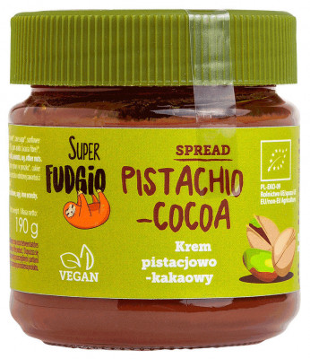 Crema tartinabila de ciocolata cu fistic si cacao, bio, 190g, Super Fudgio foto