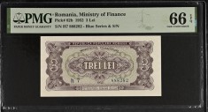 Bancnota 3 lei 1952 serie albastră UNC gradata autentificata PMG 66 EPQ