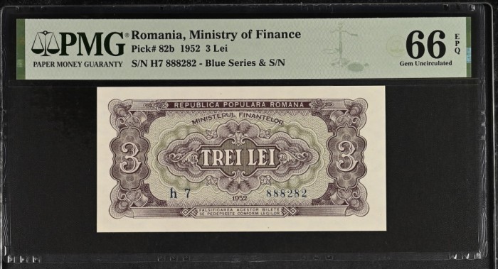 Bancnota 3 lei 1952 serie albastră UNC gradata autentificata PMG 66 EPQ