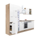 Mobilă de bucătărie Yorki 310, corp din stejar sonoma, față alb satinat, element cuptor inferior, frigider congelator superior