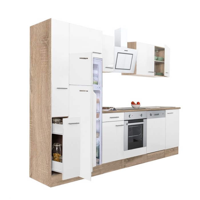 Mobilă de bucătărie Yorki 310, corp din stejar sonoma, față alb satinat, element cuptor inferior, frigider congelator superior