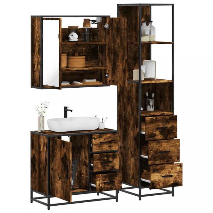 Gossi set mobilier de baie, 3 piese, stejar fumuriu, lemn prelucrat