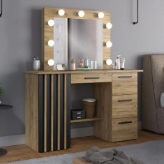 Masa de toaleta si machiaj suspendabila 120x45x140 cm cu oglinda LED si 4 sertare, craft si negru Household NewTrend