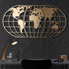 Decoratiune de perete, World Map Globe, Metal, Dimensiune: 60 x 120 cm, Auriu