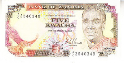 M1 - Bancnota foarte veche - Zambia - 5 kwacha - 1989 foto