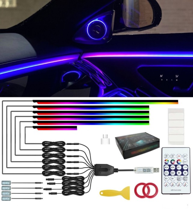 Set Lumini Ambientale LED RGB, pentru 4 portiere, bord si lumini picioare, control prin telecomanda, aplicatie mobila, Bluetooth, kit montaj si adapto