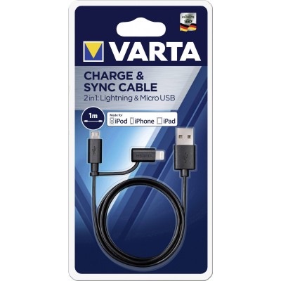 Cablu Date si Incarcare USB la Lightning - USB la USB MicroUSB Varta 2in1, 1 m, Negru foto