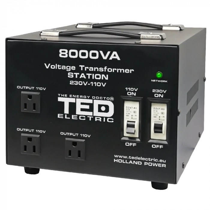 Transformator de tensiune, Convertor de la 220V la 110V si Reversibil 8000VA 6400W cu Carcasa si Regleta, TED Electric