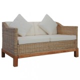 Canapea 2 Locuri Ratan Natural vidaXL, Perne Incluse, Alb Crem/Natural, 132x78x74 cm, Cadru Lemn, Huse Detasabile