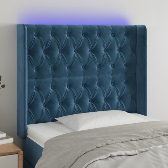 vidaXL Tăblie de pat cu LED, albastru &icirc;nchis, 93x16x118/128cm, catifea 3124424