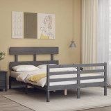 VidaXL Cadru de pat cu tăblie, dublu, gri, lemn masiv