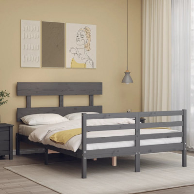 vidaXL Cadru de pat cu tăblie, gri, 140x190 cm, lemn masiv foto