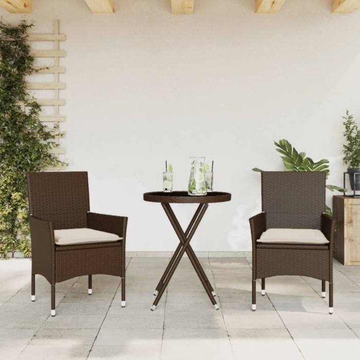 Set bistro cu perne, 3 piese, maro, poliratan și sticlă