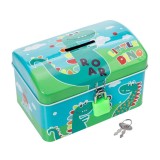 Pusculita DinoRoar pentru copii, model tip cufar si imprimeu cu dinozaur, Albastru/Verde, 12x8x8 cm, Oem