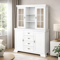 Set comoda living si dormitor, VM3, 4 sertare, 2 usi si vitrina suprapozabila VMN4, 2 usi, 2 polite, Pal melaminat, cu insertii MDF, Alb Antichizat