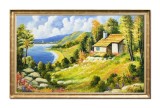 Cumpara ieftin Tablou inramat peisaj de vara priveliste catre lac pictat manual, Colt de rai, 110x70cm ulei pe panza Constantin Feraru