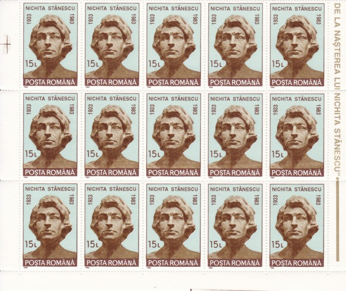 1993 LP 1311- 60 ANI NASTEREA POETULUI NICHITA STANESCU BLOC DE 15 TIMBRE MNH