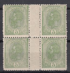 ROMANIA 1900/1906 LP 54 1905 REGELE CAROL I SPIC DE GRAU FARA FILIGRAN 5 BANI VERDE BLOC DE 4 TIMBRE CU PUNTE STARE MNH