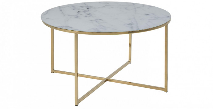 AC Design Furniture Masuta de cafea rotunda , 80 x 80 x 45 cm, aspect marmura alb auriu, sticla metal - RESIGILAT