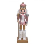 Decorațiune Crăciun Rege Lemn, 25cm, Uniformă Roz, Cizme Blană Artificială, Detalii Sclipici, Oem