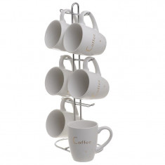 Set 6 cesti cafea portelan alb auriu pe stand inox 15x10x37 foto