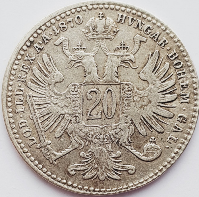 336 Austria 20 Kreuzer 1870 Franz Joseph I km 2212 argint
