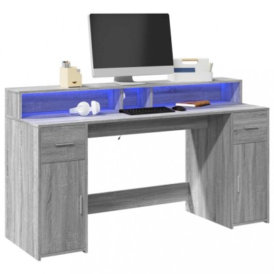 Birou cu lumini LED, gri sonoma, 160x55x91 cm, lemn prelucrat foto