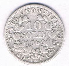 Moneda 10 soldi 1869 - Vatican, 2,5 g argint 0,8350 foto
